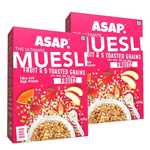 ASAP Wholegrain High Protein Breakfast Muesli with flavour of Fruitz, White Chocolate & 5 Toasted Grains | Omega-3 & Fibre Rich | 420g - Pack of 2